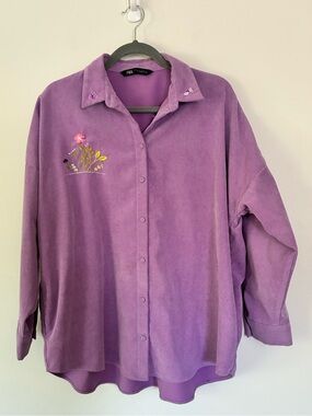 Zara Hand-Embroidered Floral Purple Corduroy Shirt
